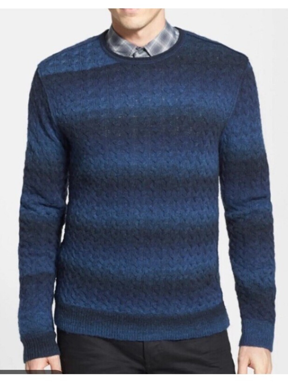 John Varvatos U.S.A. Men’s L Blue striped Space Dye Crew Neck Cable Knit Sweater